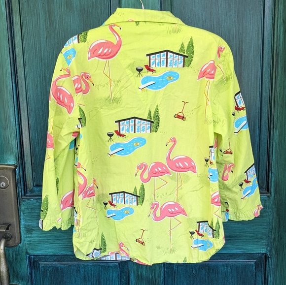 Nick & Nora Backyard Flamingo BBQ Pool 3/4 Sleeve Ruffle Button Up Shirt - Picture 2 of 5